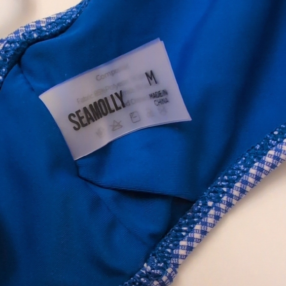 Seamolly Blue Mini Gingham Drawstring Tied Brazilian Bottom Bikini Set - Size M - Picture 5 of 11
